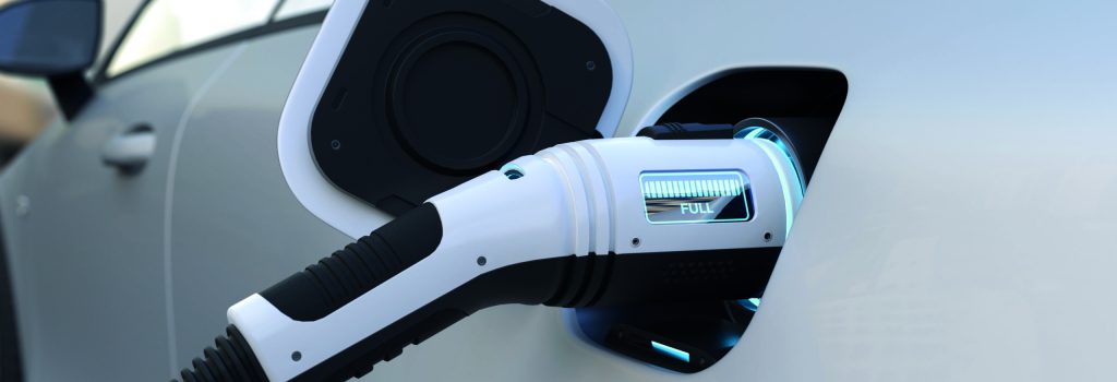 The electric car is fully charged with a battery, Charging technology, Clean energy filling technology. 3D illustration
